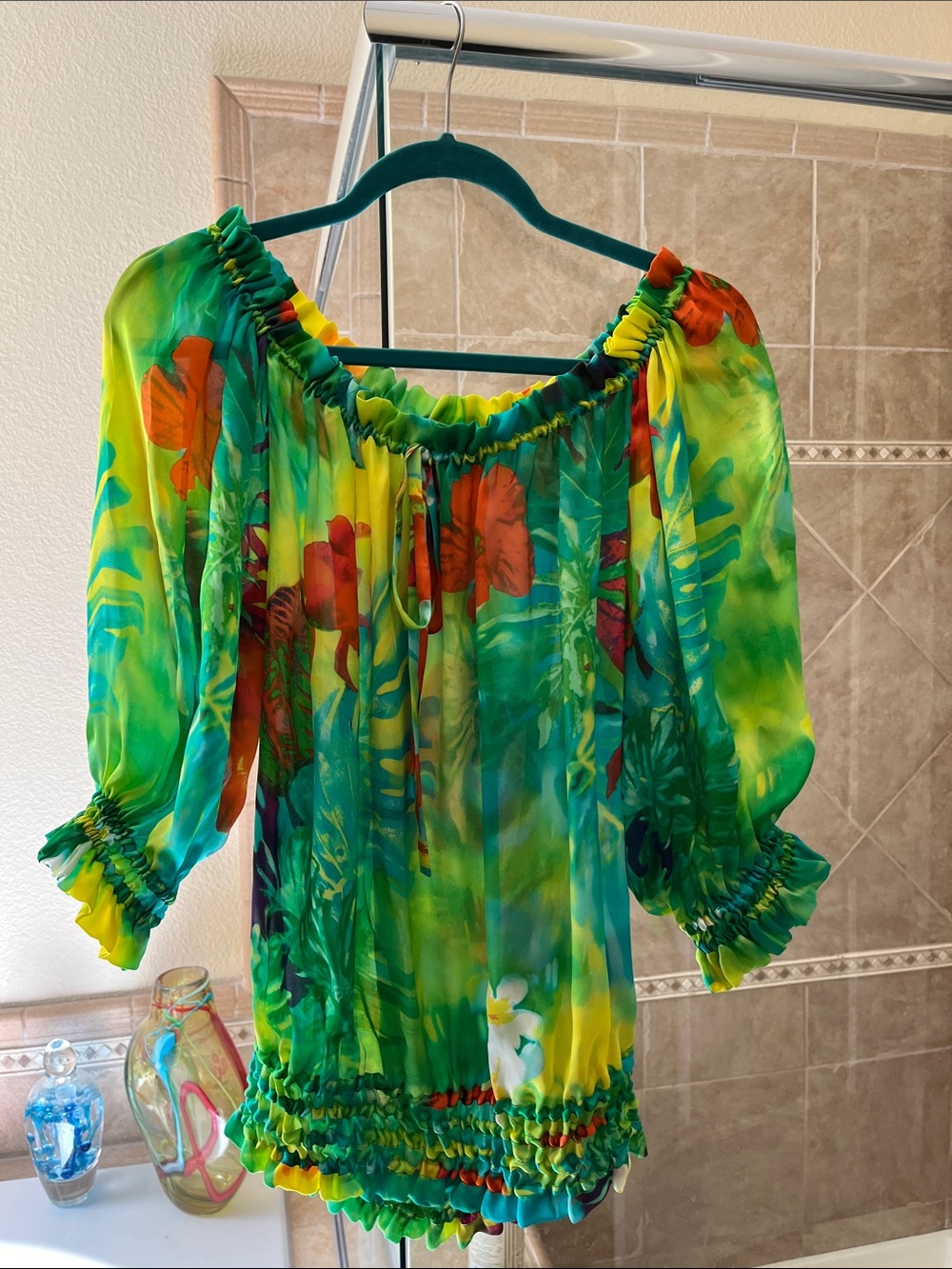 Ralph Lauren Green Tropical Off-Shoulder Blouse with Orange Accents